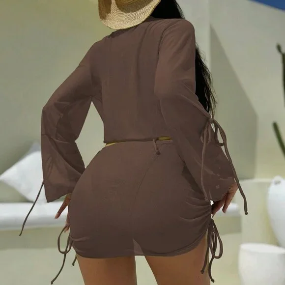 Elegant Brown Women's Beach Set with Bikini Skirt 4 piece coord set - Picture 3 of 5